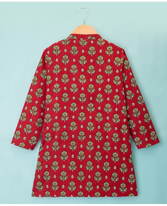 Pine Kids Cotton Woven Full Sleeves Kurta Pajama Set With Floral Print - Red