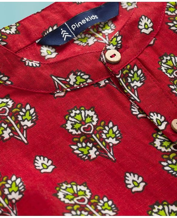 Pine Kids Cotton Woven Full Sleeves Kurta Pajama Set With Floral Print - Red