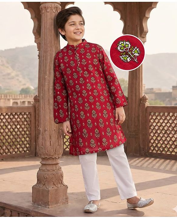 Pine Kids Cotton Woven Full Sleeves Kurta Pajama Set With Floral Print - Red