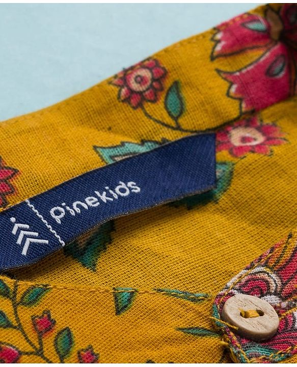 Pine Kids Cotton Woven Full Sleeves Kurta Pajama Set With Floral Print - Mustard