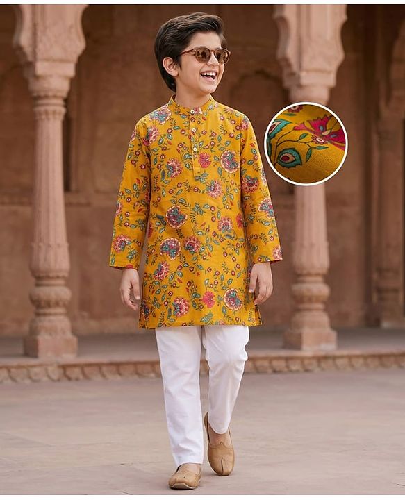 Pine Kids Cotton Woven Full Sleeves Kurta Pajama Set With Floral Print - Mustard