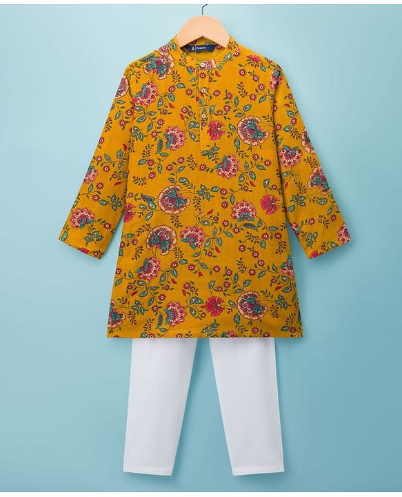 Pine Kids Cotton Woven Full Sleeves Kurta Pajama Set With Floral Print - Mustard
