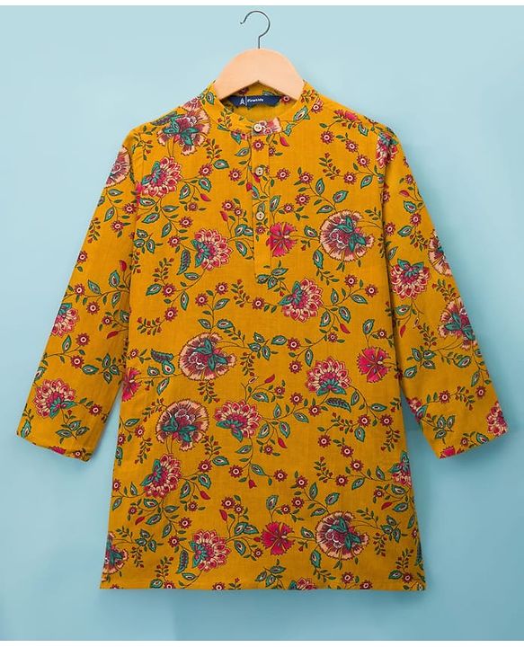 Pine Kids Cotton Woven Full Sleeves Kurta Pajama Set With Floral Print - Mustard