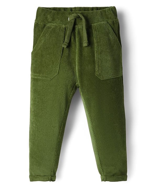 Babyhug Corduroy Knit Full Length Solid Color Pants with Pockets - Olive Green