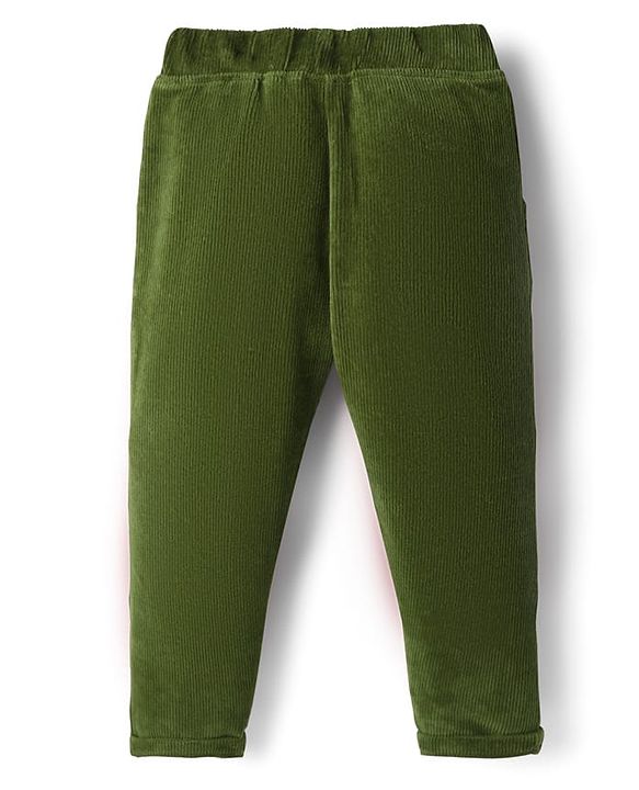 Babyhug Corduroy Knit Full Length Solid Color Pants with Pockets - Olive Green