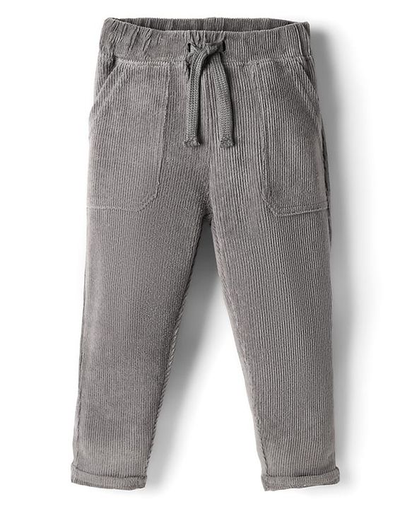 Babyhug Corduroy Knit Full Length Solid Color Pants with Pockets - Grey