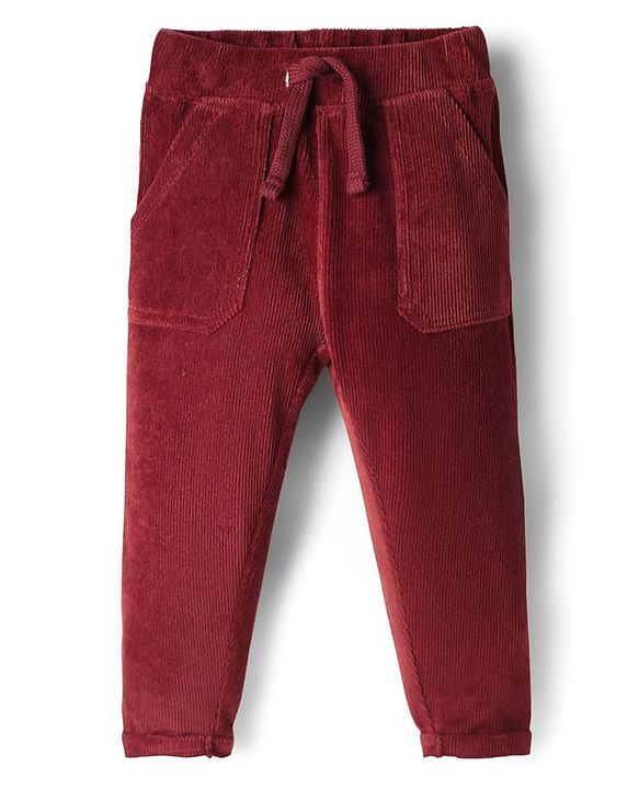 Babyhug Knit Full Length Solid Colour Corduroy Pant With Pockets - Maroon