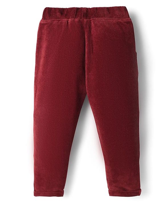 Babyhug Knit Full Length Solid Colour Corduroy Pant With Pockets - Maroon