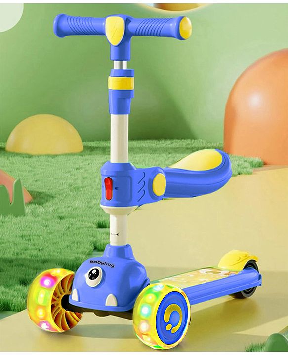 Babyhug Leo 2 in 1 Kids 3 Wheel Kick Scooter with Foldable Seat with LED - Blue| 3 Level Adjustable Handle| Foldable Design| Toy for 3 to 12 Yrs Boys & Girls| Sport Gift| Physical Activity| Wide Deck