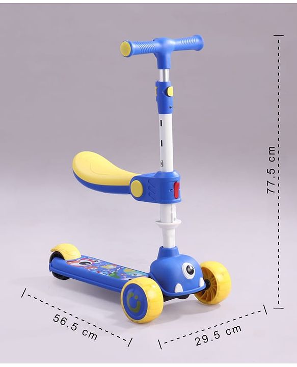 Babyhug Leo 2 in 1 Kids 3 Wheel Kick Scooter with Foldable Seat with LED - Blue| 3 Level Adjustable Handle| Foldable Design| Toy for 3 to 12 Yrs Boys & Girls| Sport Gift| Physical Activity| Wide Deck