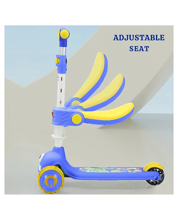 Babyhug Leo 2 in 1 Kids 3 Wheel Kick Scooter with Foldable Seat with LED - Blue| 3 Level Adjustable Handle| Foldable Design| Toy for 3 to 12 Yrs Boys & Girls| Sport Gift| Physical Activity| Wide Deck