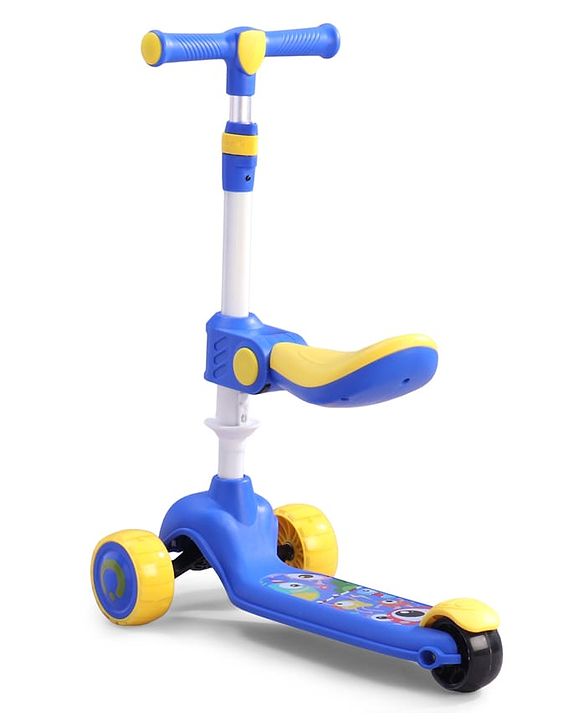 Babyhug Leo 2 in 1 Kids 3 Wheel Kick Scooter with Foldable Seat with LED - Blue| 3 Level Adjustable Handle| Foldable Design| Toy for 3 to 12 Yrs Boys & Girls| Sport Gift| Physical Activity| Wide Deck