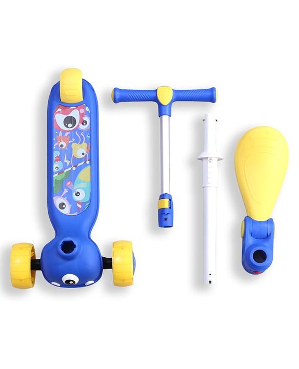 Babyhug Leo 2 in 1 Kids 3 Wheel Kick Scooter with Foldable Seat with LED - Blue| 3 Level Adjustable Handle| Foldable Design| Toy for 3 to 12 Yrs Boys & Girls| Sport Gift| Physical Activity| Wide Deck