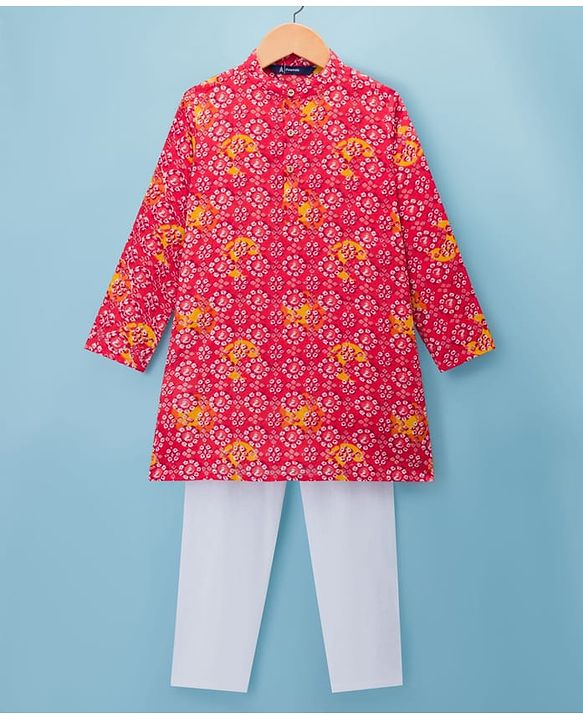 Pine Kids Cotton Woven Full Sleeves Kurta Pajama Set With Floral Print - Multicolour