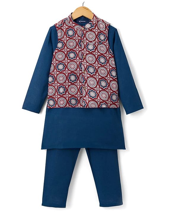 Pine Kids Cotton Woven Full Sleeves Kurta Pajama with Jacket & Motif Print - Maroon