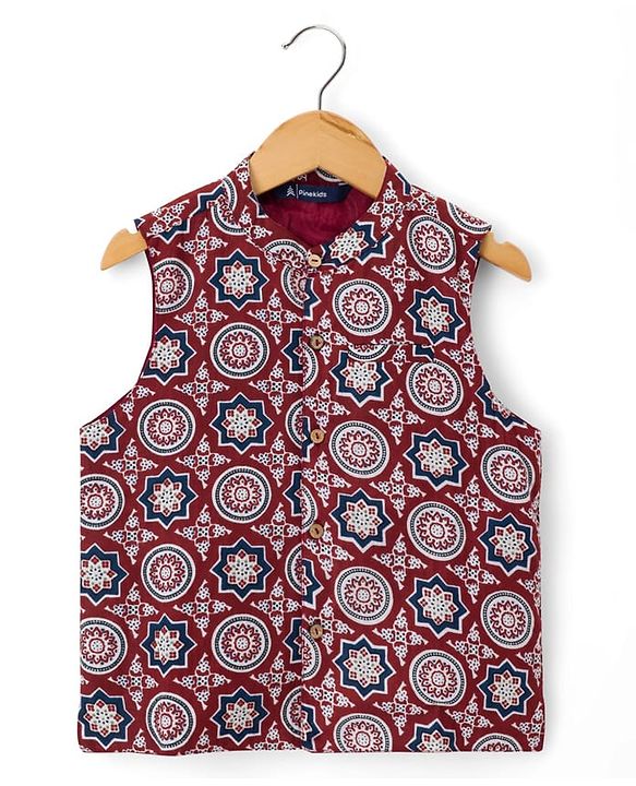 Pine Kids Cotton Woven Full Sleeves Kurta Pajama with Jacket & Motif Print - Maroon
