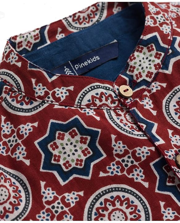 Pine Kids Cotton Woven Full Sleeves Kurta Pajama with Jacket & Motif Print - Maroon