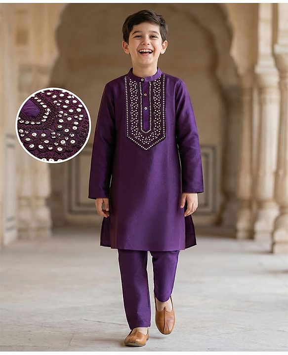 Pine Kids Woven Full Sleeves Kurta Pajama Set With Sequin Detailing - Purple