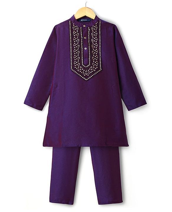 Pine Kids Woven Full Sleeves Kurta Pajama Set With Sequin Detailing - Purple