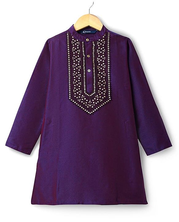 Pine Kids Woven Full Sleeves Kurta Pajama Set With Sequin Detailing - Purple