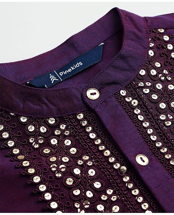 Pine Kids Woven Full Sleeves Kurta Pajama Set With Sequin Detailing - Purple