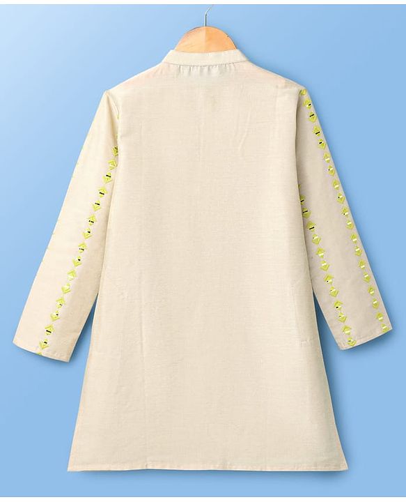 Pine Kids Woven Full Sleeves Kurta Pajama Set with Embroidery - Beige