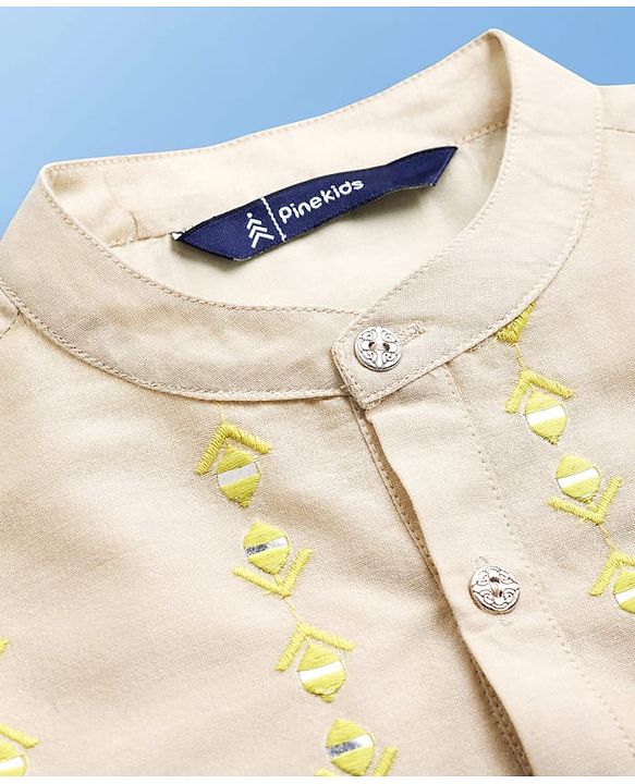 Pine Kids Woven Full Sleeves Kurta Pajama Set with Embroidery - Beige