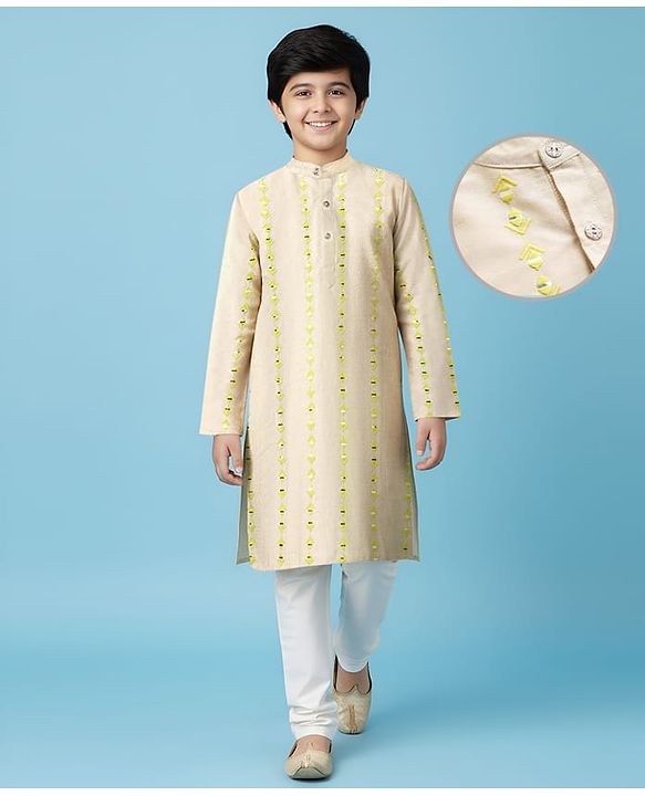 Pine Kids Woven Full Sleeves Kurta Pajama Set with Embroidery - Beige