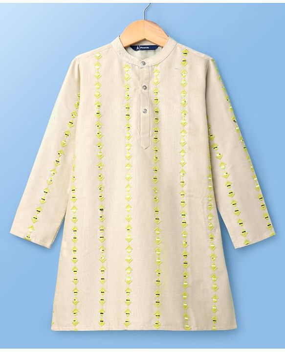 Pine Kids Woven Full Sleeves Kurta Pajama Set with Embroidery - Beige