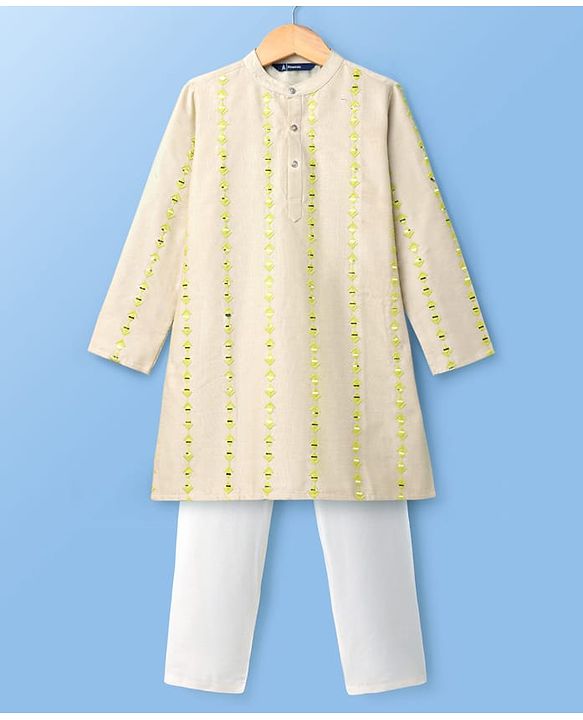 Pine Kids Woven Full Sleeves Kurta Pajama Set with Embroidery - Beige