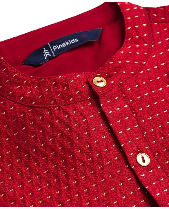 Pine Kids Woven Full Sleeves Embroidered Kurta Pajama Set - Maroon