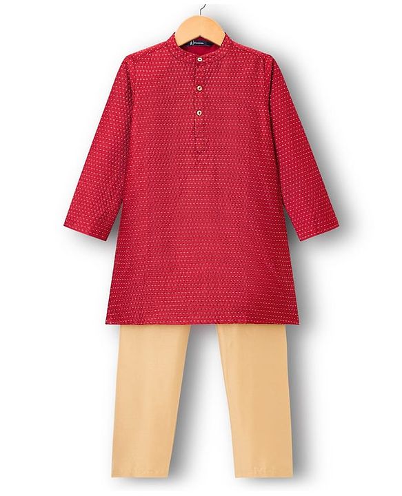 Pine Kids Woven Full Sleeves Embroidered Kurta Pajama Set - Maroon