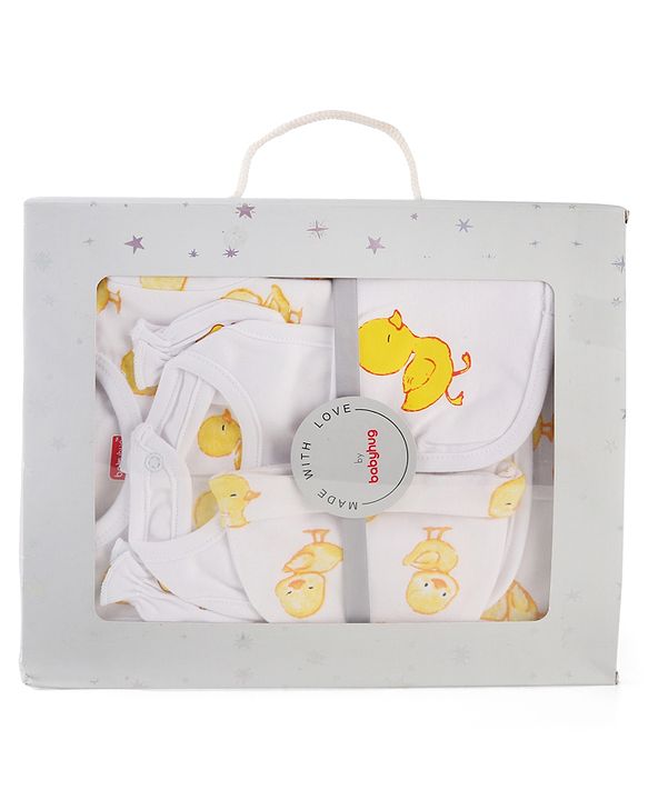 Babyhug 100% Cotton Knit Baby Gift Set With Duck Print - White