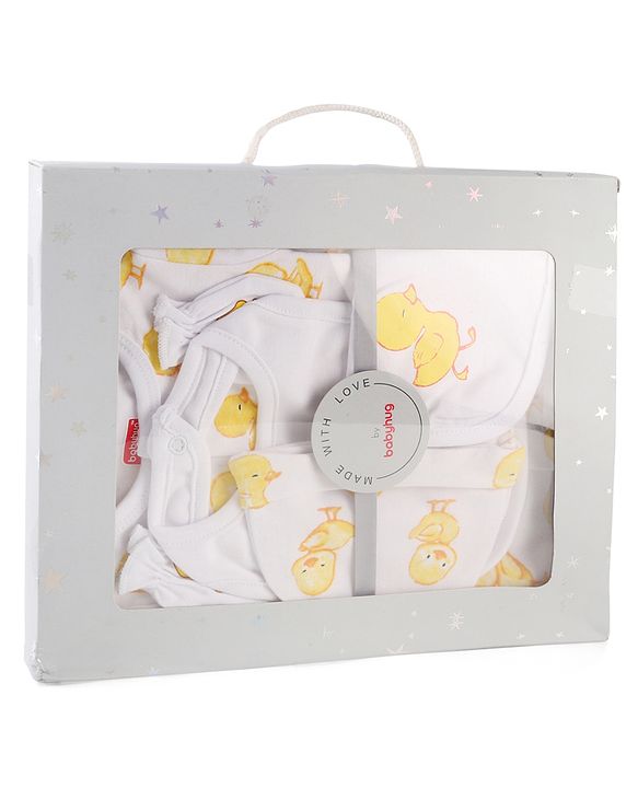Babyhug 100% Cotton Knit Baby Gift Set With Duck Print - White
