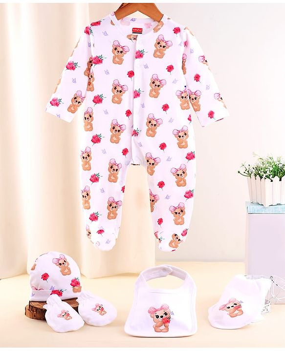 Babyhug 100% Cotton Knit Baby Gift Set With Teddy Bear Print - White