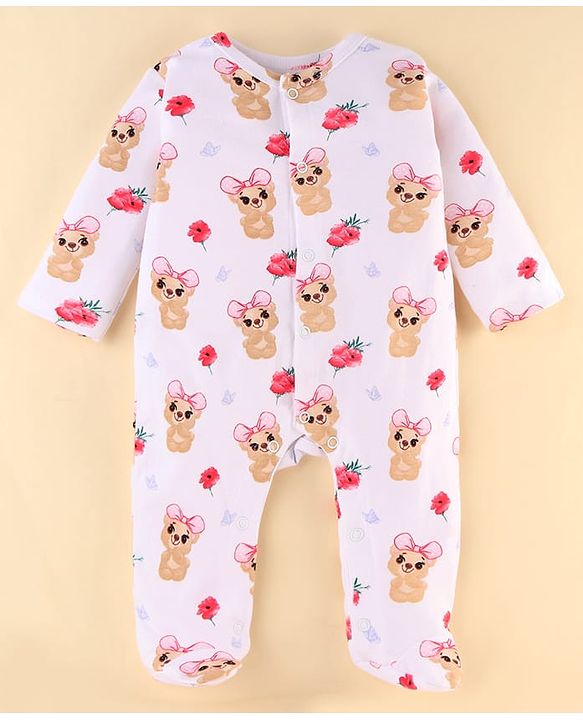 Babyhug 100% Cotton Knit Baby Gift Set With Teddy Bear Print - White