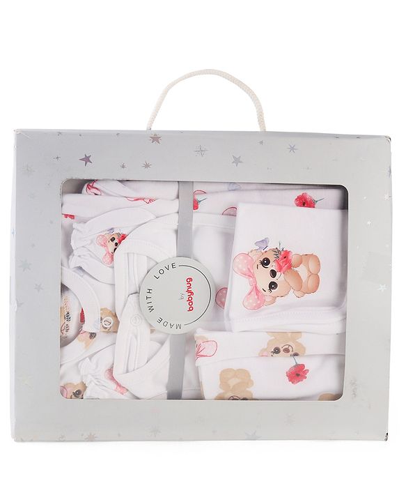 Babyhug 100% Cotton Knit Baby Gift Set With Teddy Bear Print - White