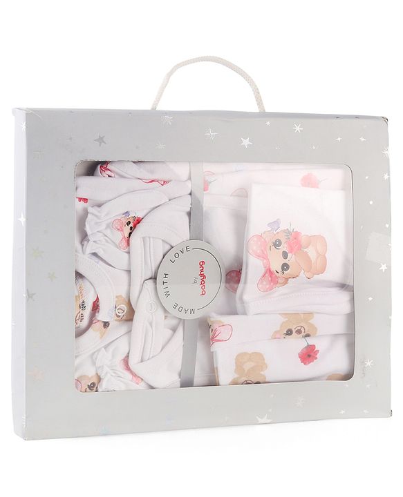 Babyhug 100% Cotton Knit Baby Gift Set With Teddy Bear Print - White