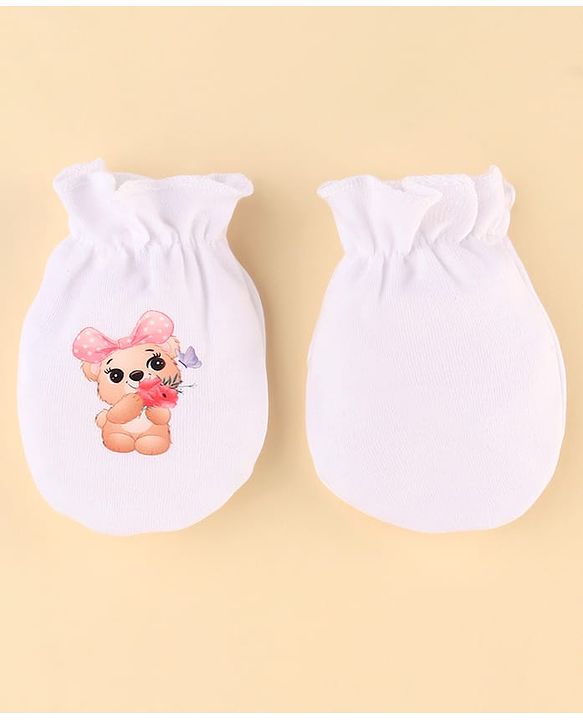 Babyhug 100% Cotton Knit Baby Gift Set With Teddy Bear Print - White