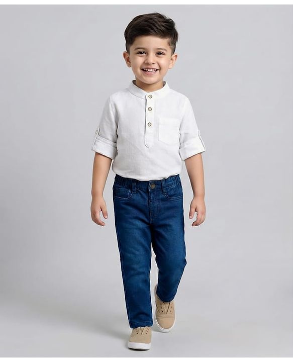 Babyhug Cotton Woven Full Sleeves Solid Color Shirt & Jeans Set - White & Blue
