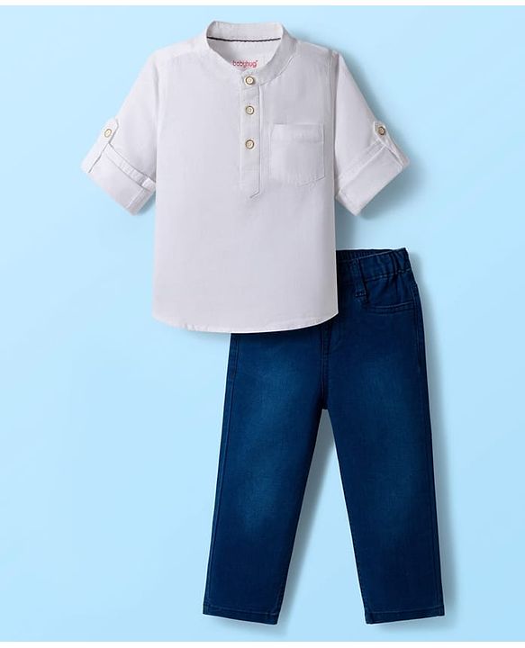 Babyhug Cotton Woven Full Sleeves Solid Color Shirt & Jeans Set - White & Blue