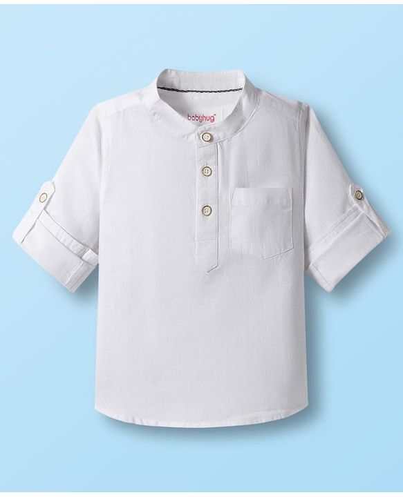 Babyhug Cotton Woven Full Sleeves Solid Color Shirt & Jeans Set - White & Blue