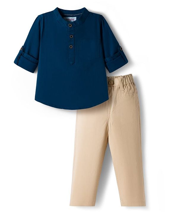 Babyhug Cotton Woven Full Sleeves Solid Colour Shirt & Pant Set - Blue