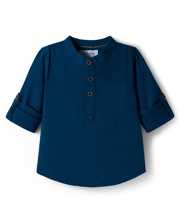 Babyhug Cotton Woven Full Sleeves Solid Colour Shirt & Pant Set - Blue