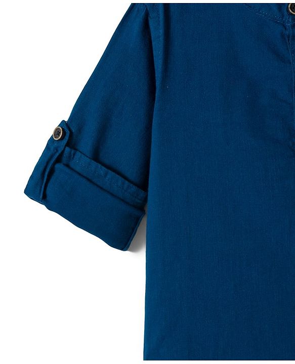 Babyhug Cotton Woven Full Sleeves Solid Colour Shirt & Pant Set - Blue