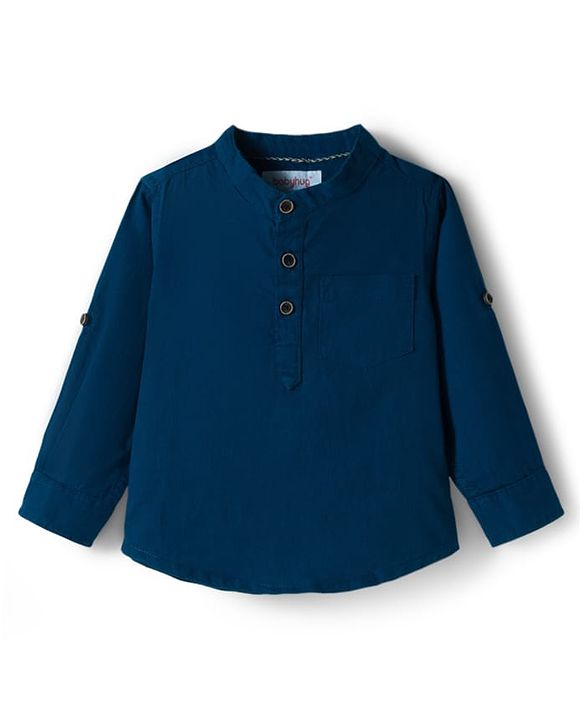 Babyhug Cotton Woven Full Sleeves Solid Colour Shirt & Pant Set - Blue
