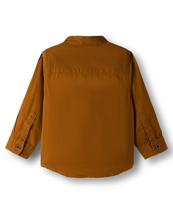 Babyhug Cotton Woven Full Sleeves Solid Color Mandarin Collar Shirt and Denim Jeans Set - Rust Orange & Black