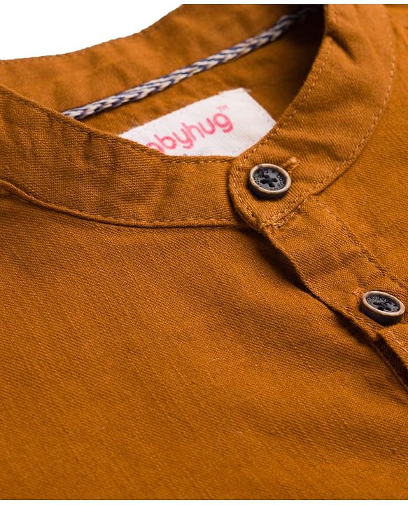 Babyhug Cotton Woven Full Sleeves Solid Color Mandarin Collar Shirt and Denim Jeans Set - Rust Orange & Black