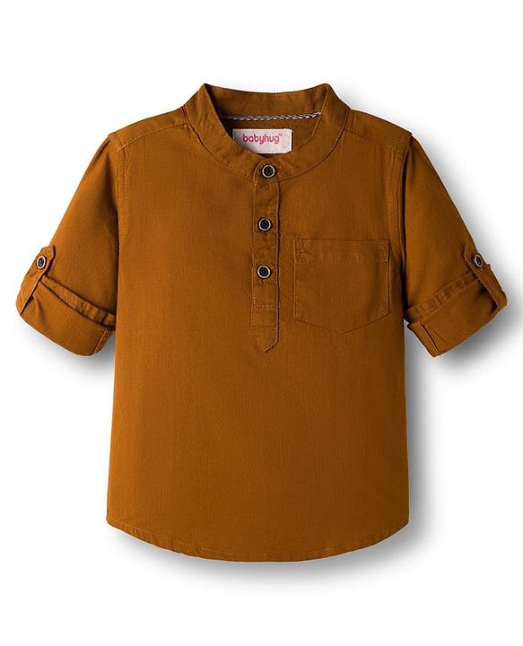 Babyhug Cotton Woven Full Sleeves Solid Color Mandarin Collar Shirt and Denim Jeans Set - Rust Orange & Black