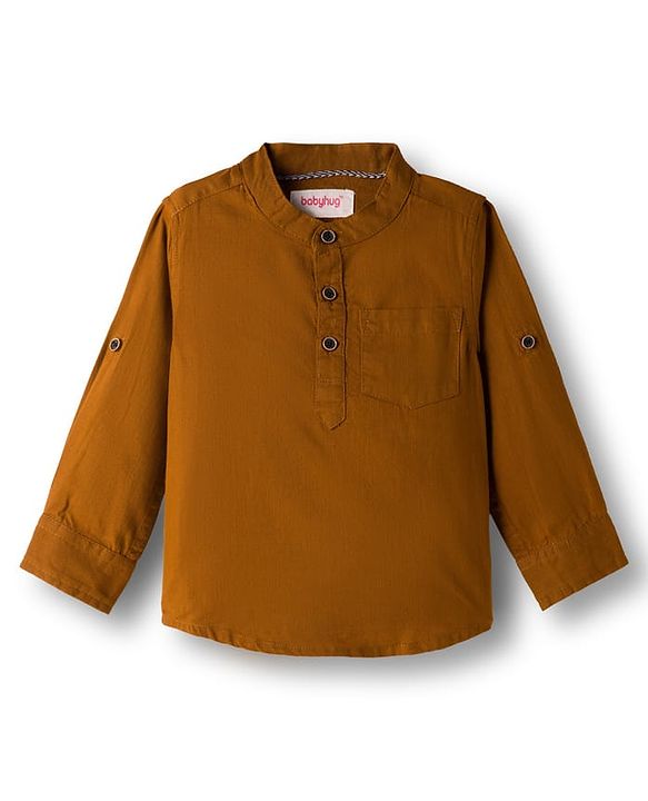 Babyhug Cotton Woven Full Sleeves Solid Color Mandarin Collar Shirt and Denim Jeans Set - Rust Orange & Black